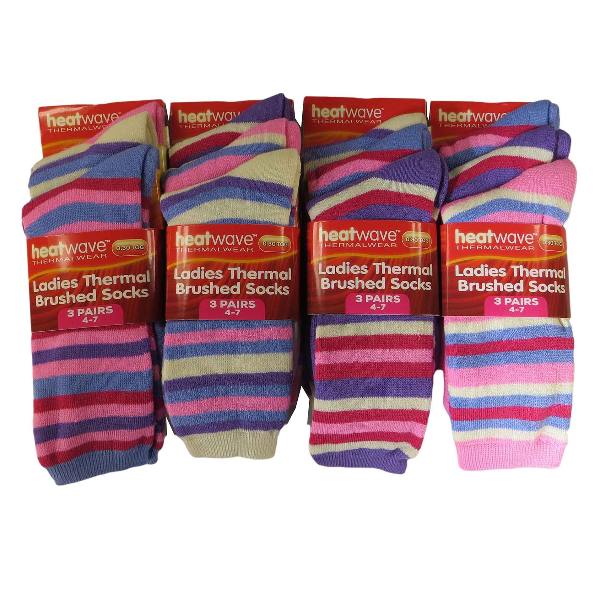 12 Pack Womens Thermal Winter Socks Extra Warm for Cold Weather High Insulation with 2.3 Tog Rating Perfect for Work Boots and Outdoor Activities by Heatwave Thermalwear STRIPES / 4-7 Socks