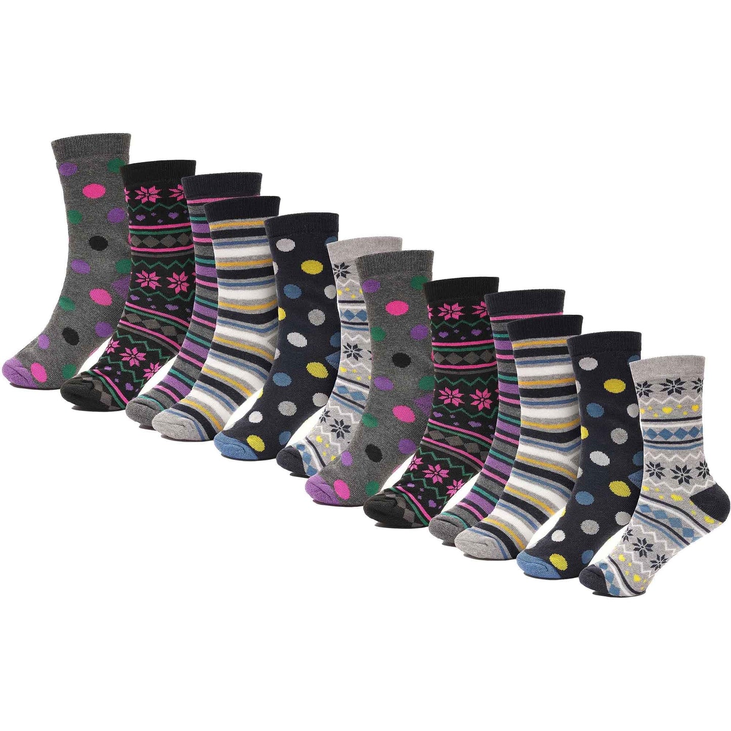 12 Pack Womens Thermal Winter Socks Extra Warm for Cold Weather High Insulation with 2.3 Tog Rating Perfect for Work Boots and Outdoor Activities by Heatwave Thermalwear STRIPES SPOTS (SS253) / 4-7 Socks