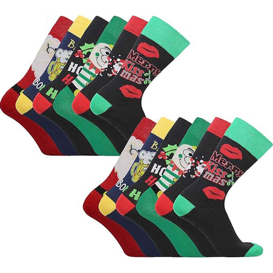 12 Pairs Men's Christmas Socks Cotton Rich Festive Holiday Novelty Designs Santa Claus Turkey Emojis Stocking Filler in UK Sizes 6-11 by Sock Stack ASSORTED / 6-11 Socks
