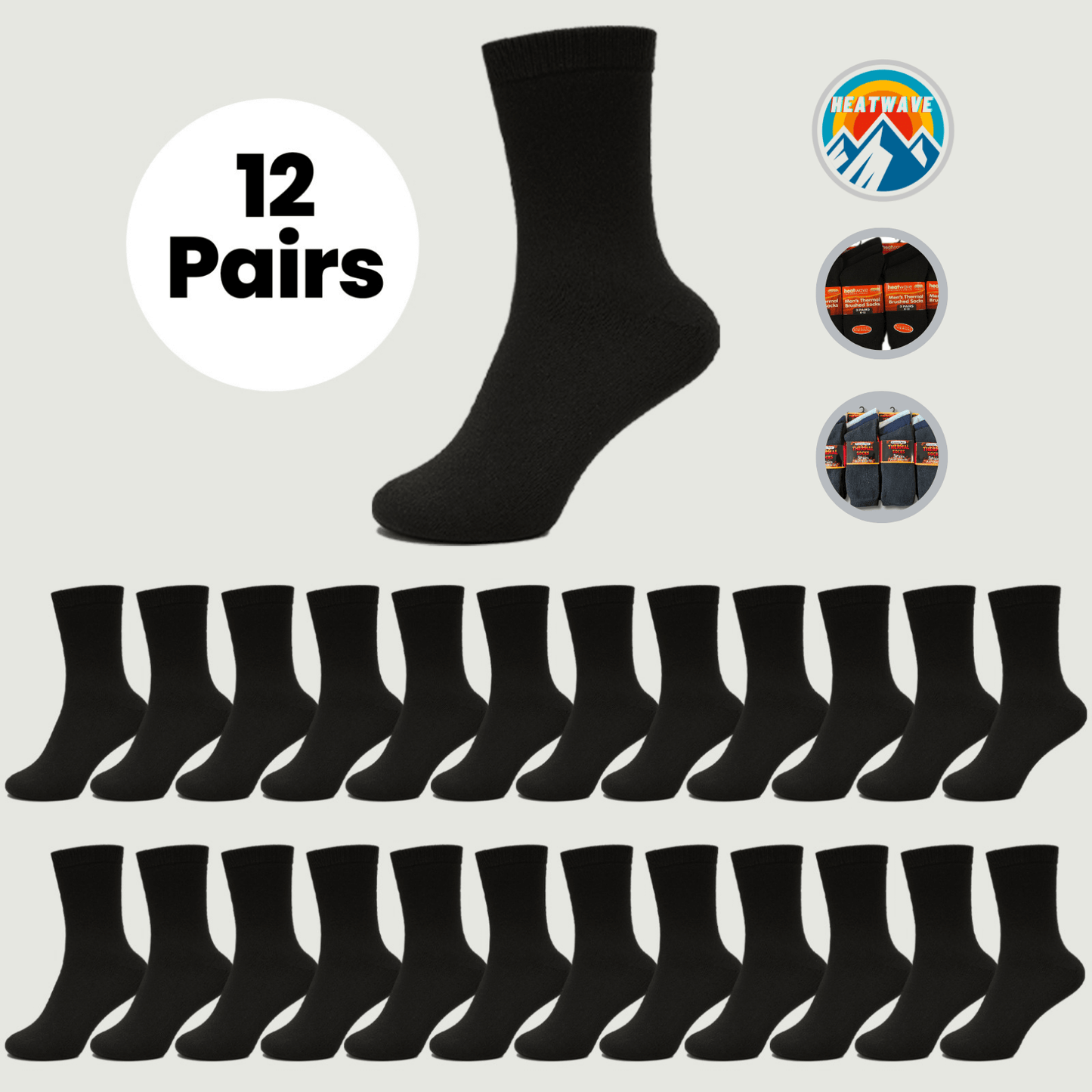 12 Pairs Mens Black Thermal Socks Warm Work Boot Socks Superior Insulation Cold Weather Double Brushed Advanced Knitting Technology Extra Warmth by Heatwave Thermalwear Socks