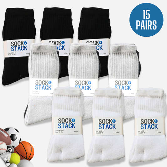 15 Pairs Mens Cotton Rich Performance Sport Socks Outdoor Athletics Running Hiking Football Black Grey White Sock Cushioned Anti-Blister Moisture-Wicking Breathable Comfortable UK 6-11 by Sock Stack Socks