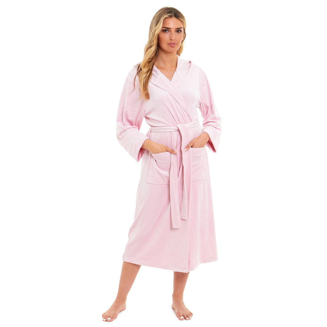Daisy Dreamer Damen Kapuzen-Velour-Bademantel Ultraweich Luxuriös Rosa und Grau Gemütlicher Superweicher Hotel-Stil Bademantel