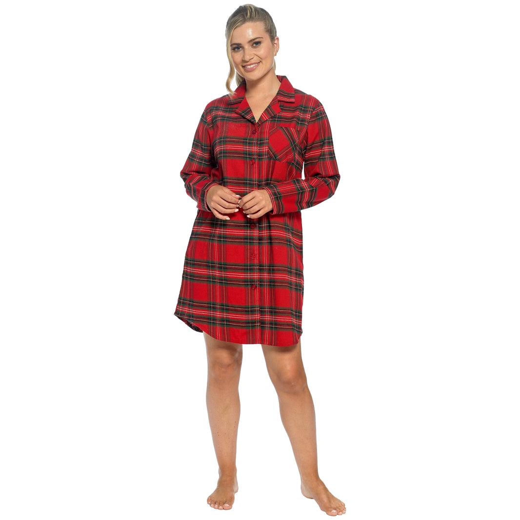 Daisy Dreamer women's red and cream checked cotton-rich nightdress with long sleeves, button front, and relaxed fit.