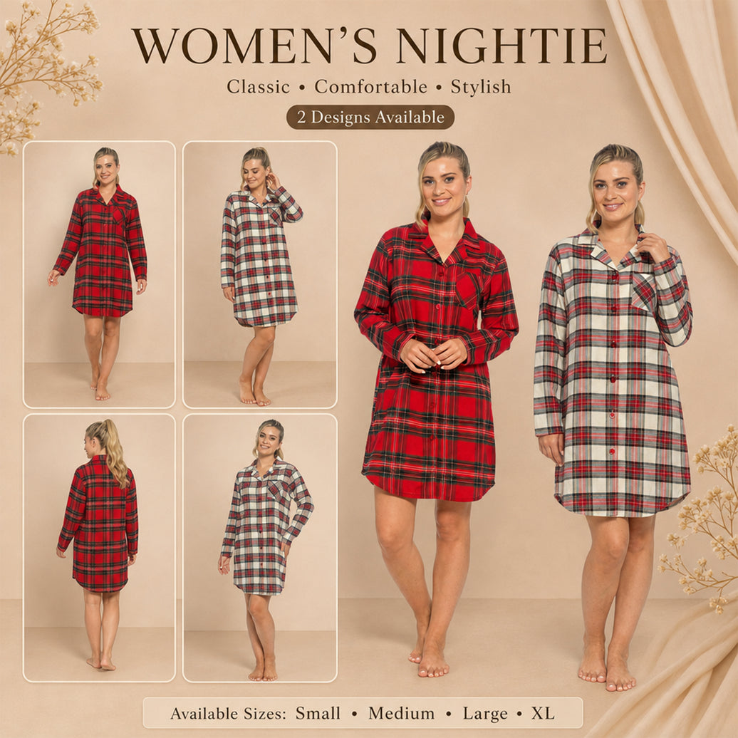 Daisy Dreamer women's red and cream checked cotton-rich long sleeve nightdress with button front and cozy wincey flannel fabric.