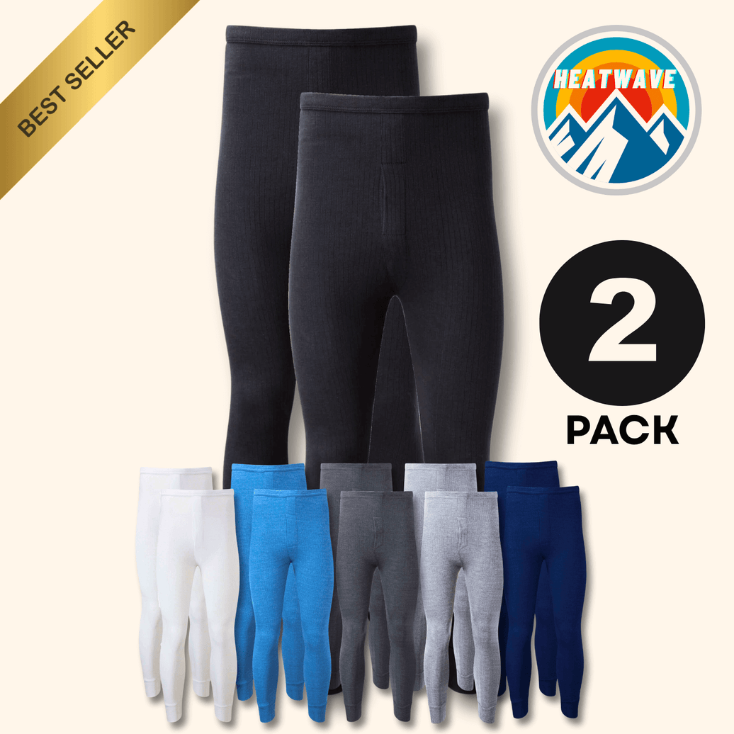 2 Pack Men's Thermal Underwear Long John Trousers Bottom Warm Durable Baselayer Insulated Brushed Yarn for Running Hiking Outdoor Sports Workwear Small to XXL White Black Grey Navy by Heatwave Thermalwear Thermal Underwear