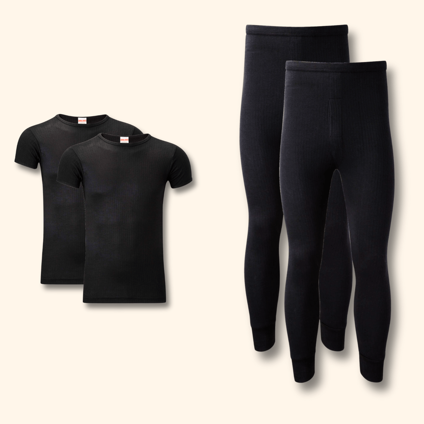 2 Pack Mens Thermal Underwear Set T Shirt Tops and Long John Bottoms Warm Baselayer Insulated Brushed Yarn for Winter Outdoor Sports in Small to XXL White Black Grey Navy by Heatwave Thermalwear BLACK / S Thermal Underwear