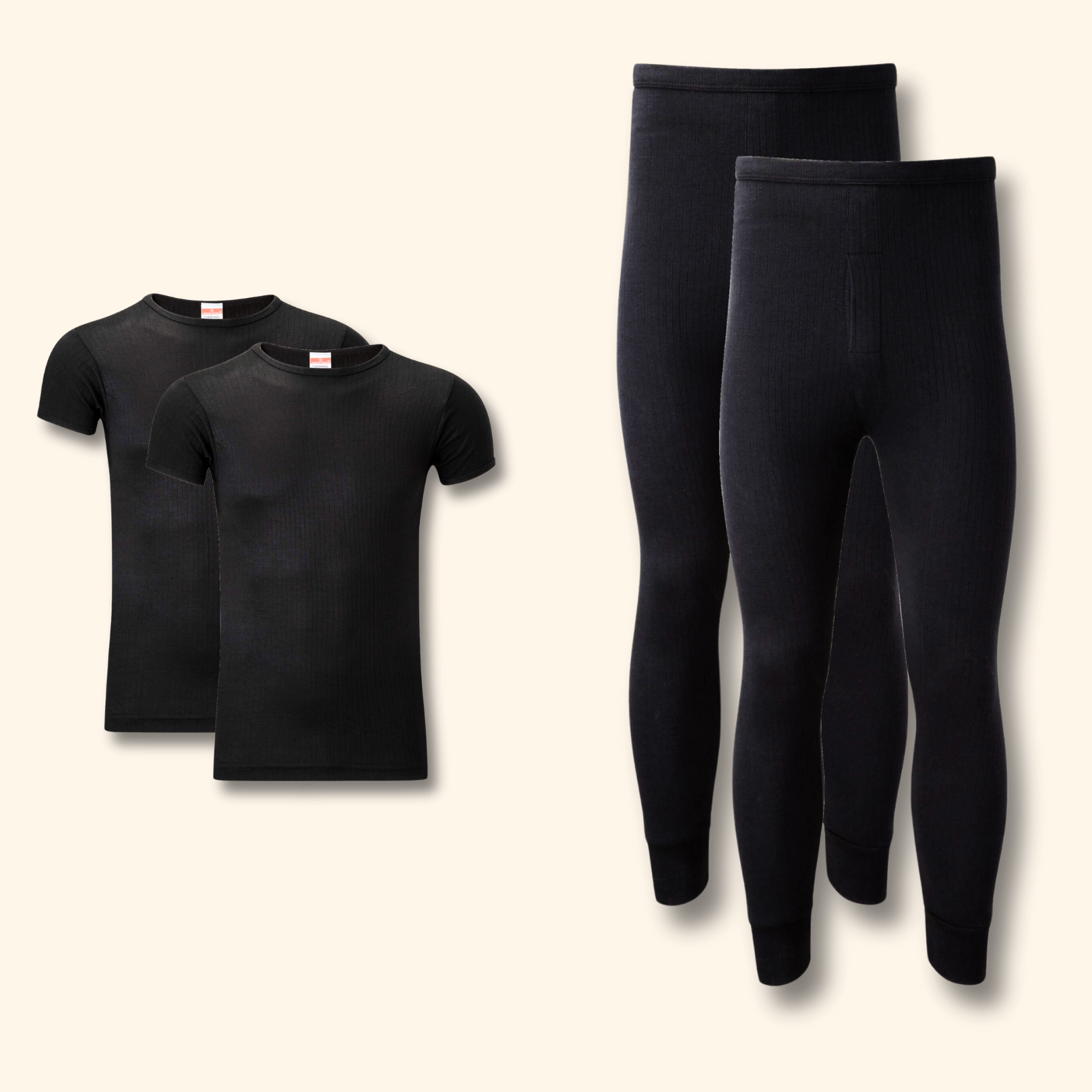 2 Pack Mens Thermal Underwear Set T Shirt Tops and Long John Bottoms Warm Baselayer Insulated Brushed Yarn for Winter Outdoor Sports in Small to XXL White Black Grey Navy by Heatwave Thermalwear BLACK / S Thermal Underwear