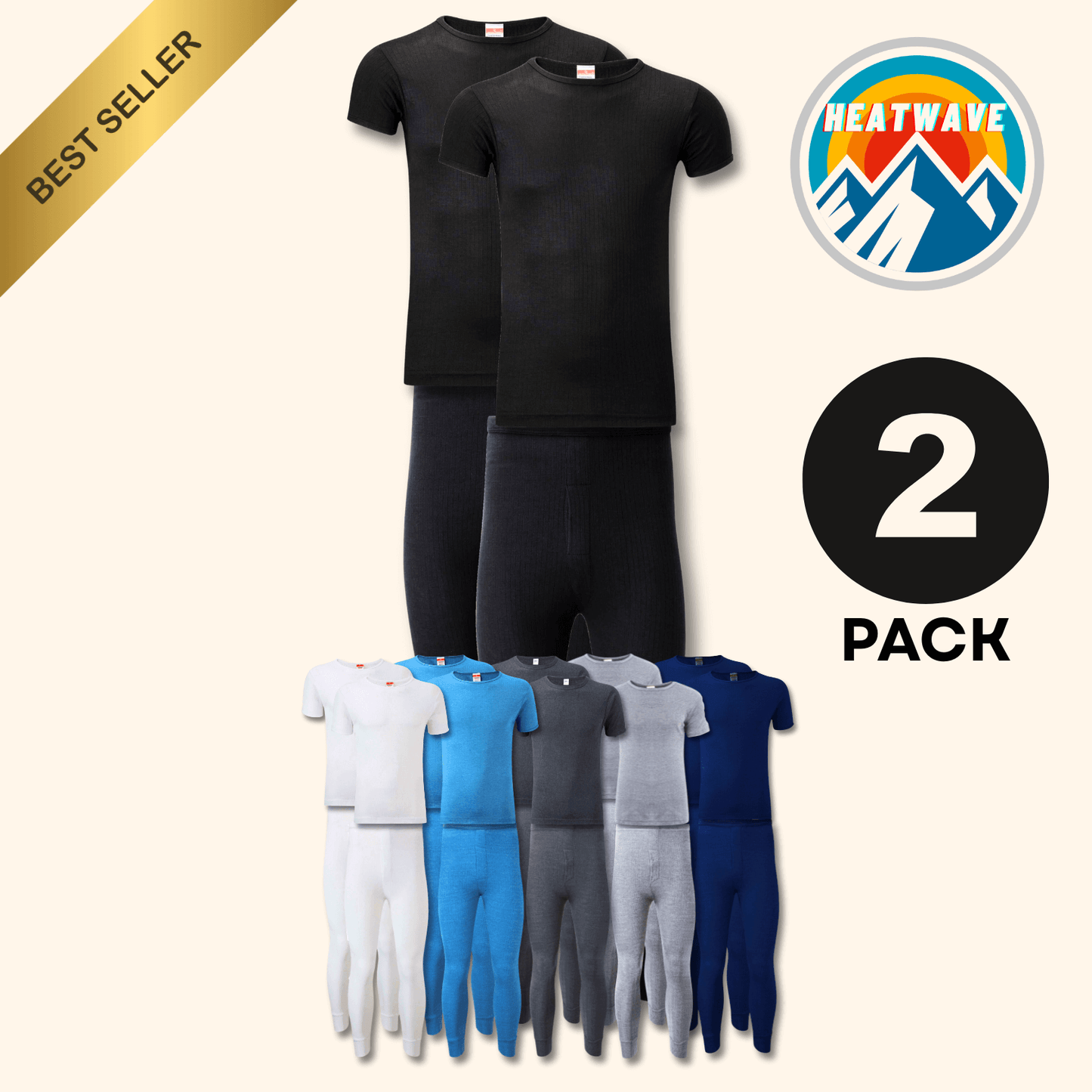 2 Pack Mens Thermal Underwear Set T Shirt Tops and Long John Bottoms Warm Baselayer Insulated Brushed Yarn for Winter Outdoor Sports in Small to XXL White Black Grey Navy by Heatwave Thermalwear Thermal Underwear