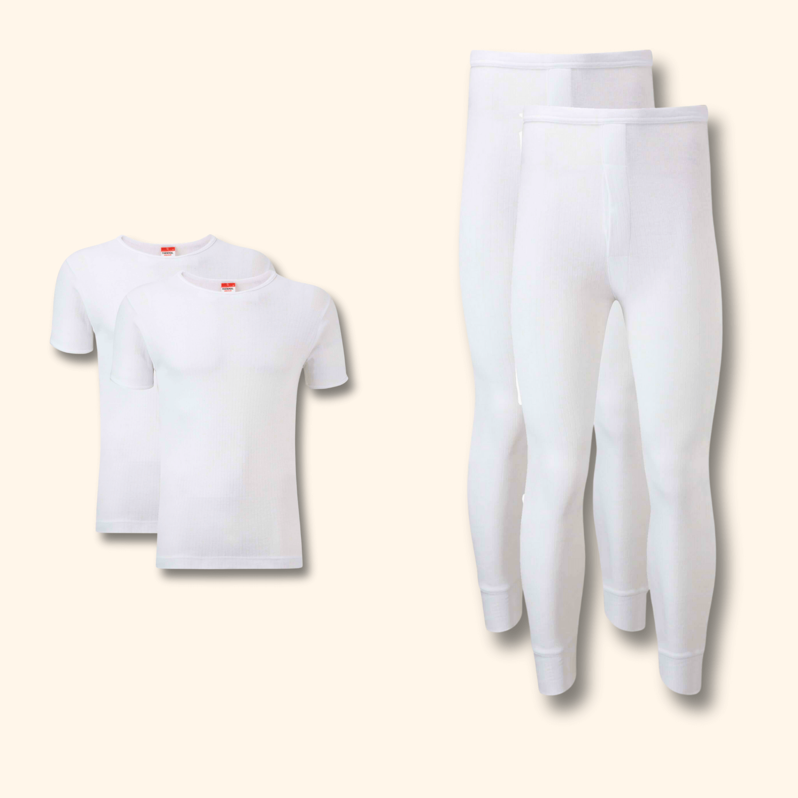 2 Pack Mens Thermal Underwear Set T Shirt Tops and Long John Bottoms Warm Baselayer Insulated Brushed Yarn for Winter Outdoor Sports in Small to XXL White Black Grey Navy by Heatwave Thermalwear WHITE / S Thermal Underwear