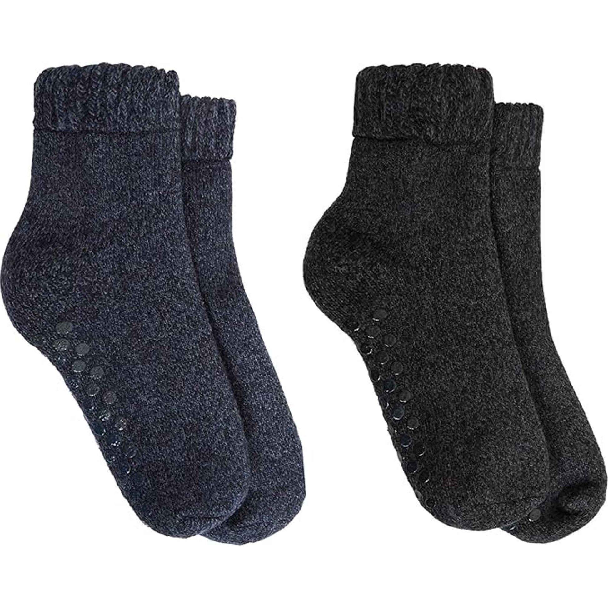 2 Pairs Men's Merino Wool Fleece Lined Slipper Socks Non-Slip Grips Cozy Winter Lounge Socks Tall Black Navy by Sock Stack BLACK/NAVY / 6-11 Socks
