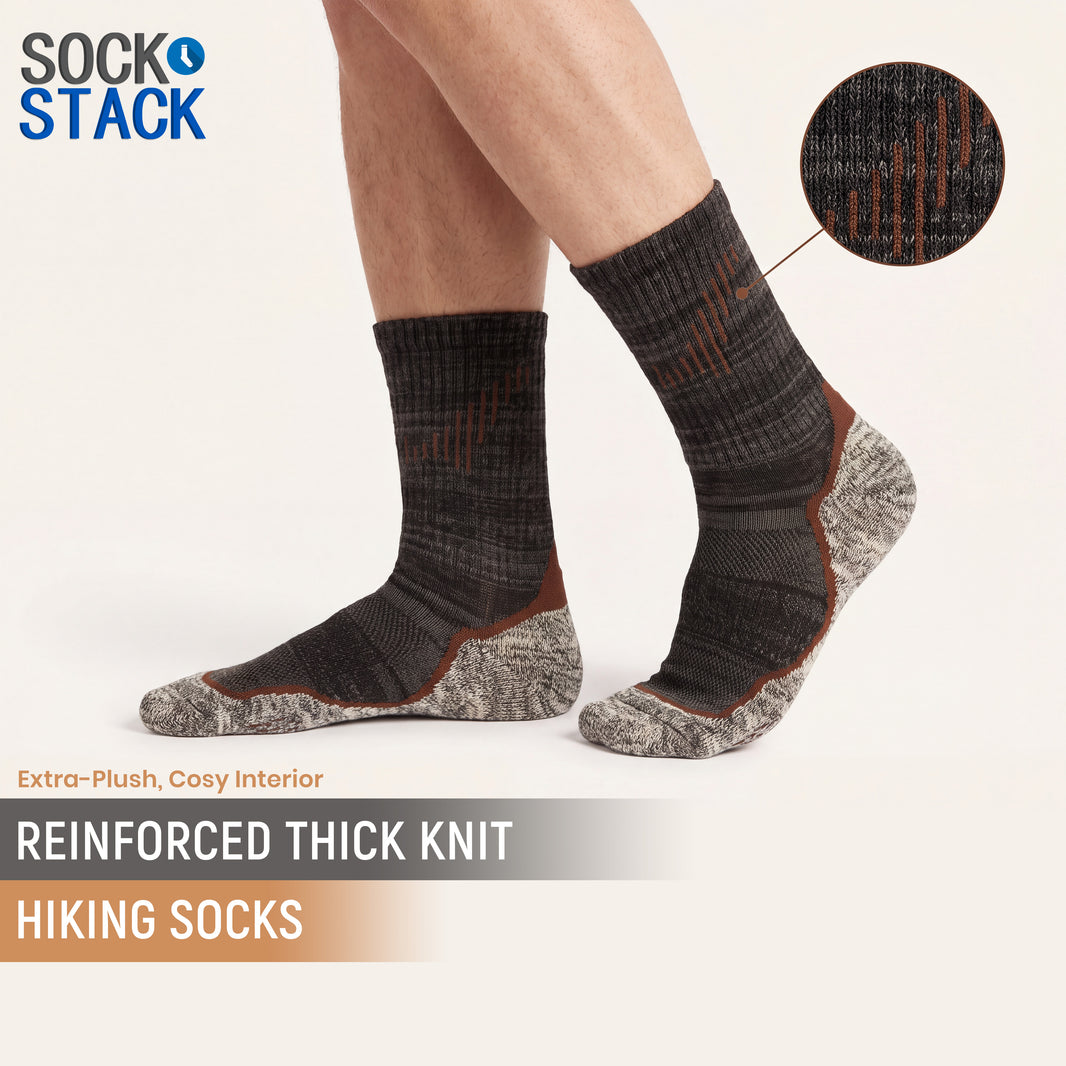 Sock Stack men's merino wool hiking socks in a four-pack, showing cushioned design and various colors for UK sizes 6 to 11.