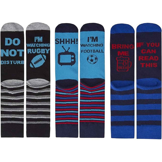 3 Pack Mens Novelty Slogan Socks Reinforced Heel Toe Cushioned Footbed Football Rugby Durable Cotton Assorted Styles Sock Stack ASSORTED / 6-11 Socks