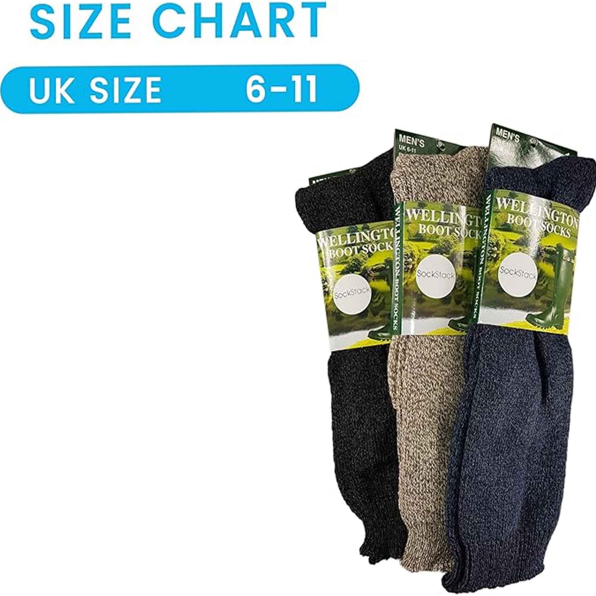 3 Pack Mens Wellington Boot Socks Durable Cushioned Reinforced Heel and Toe for Outdoor Work and Hiking Comfortable Fit UK Sizes 6-11 by Sock Stack ASSORTED / 6-11 Socks