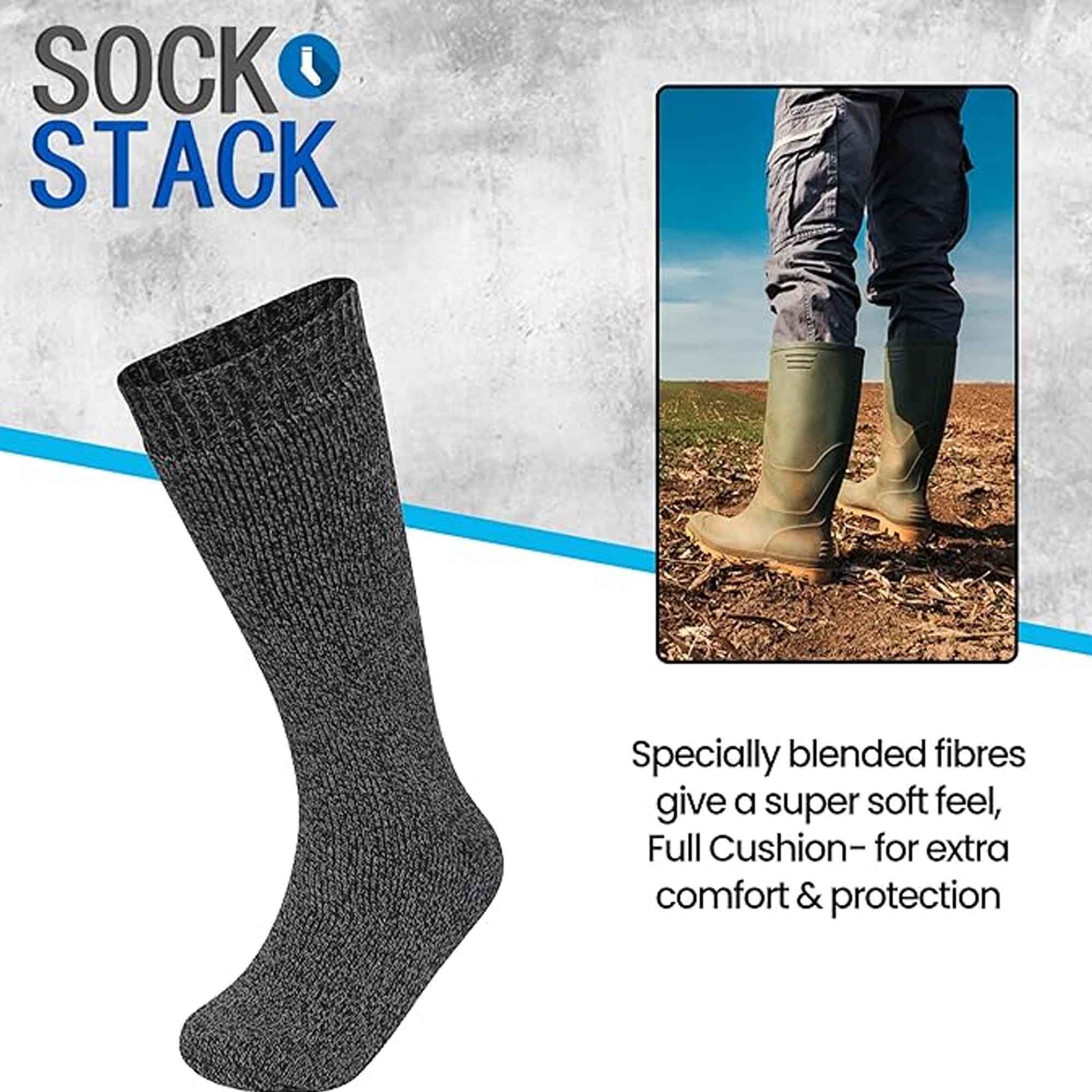 3 Pack Mens Wellington Boot Socks Durable Cushioned Reinforced Heel and Toe for Outdoor Work and Hiking Comfortable Fit UK Sizes 6-11 by Sock Stack ASSORTED / 6-11 Socks