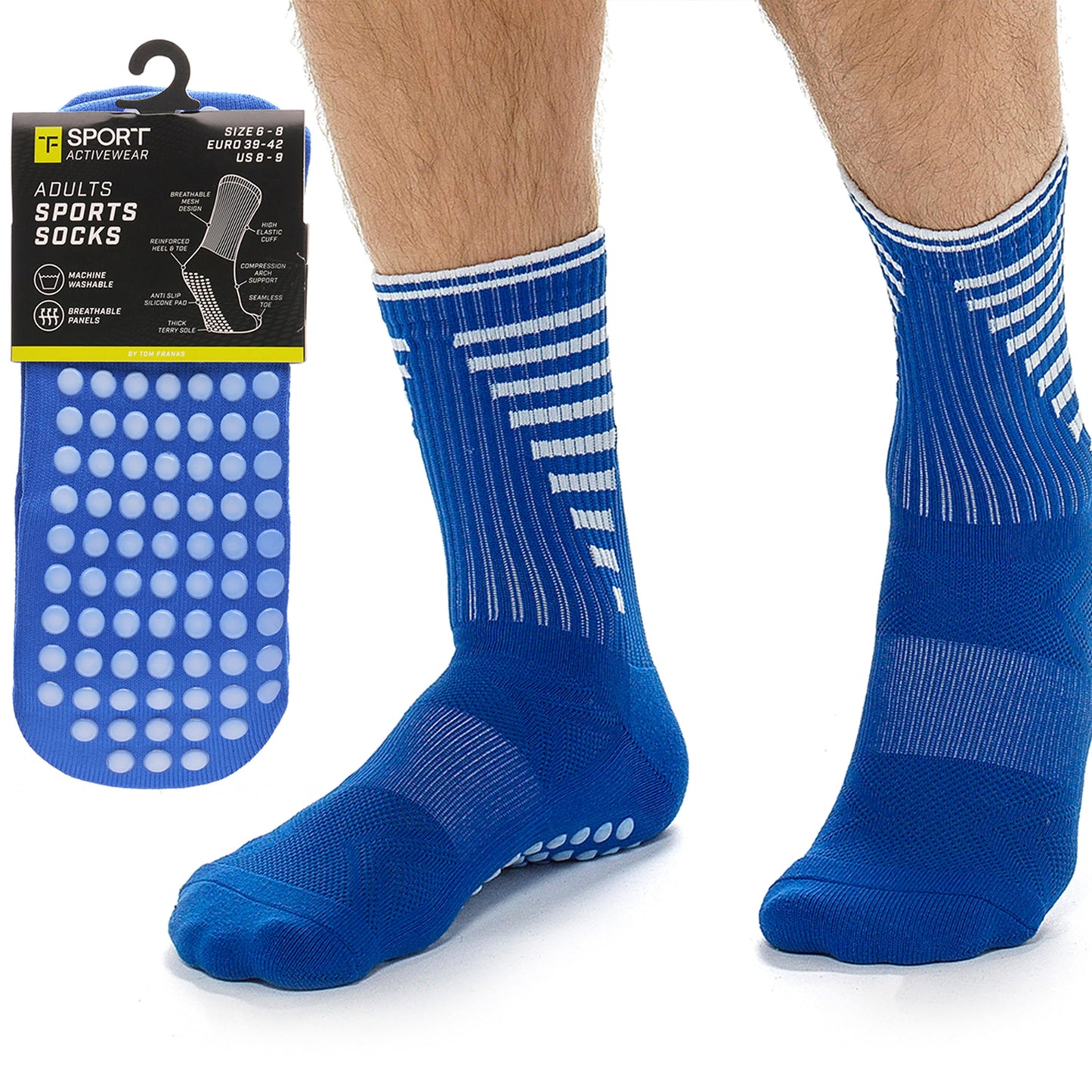 3 Pairs Blue Anti Slip Football Grip Socks for Men Sports Socks for Gym Running Yoga Trekking Hiking by Sock Stack Socks