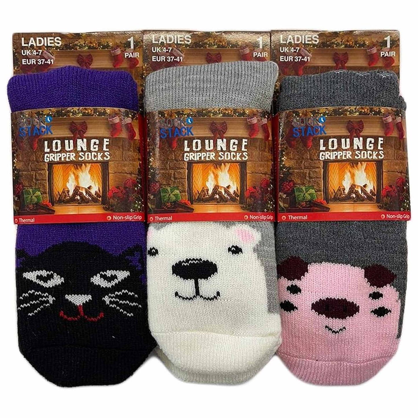 3 Pairs Women's Thermal Slipper Socks Adorable Animal Designs Polar Bears Kittens Perfect for Winter Lounging Gift Giving UK 4-7 EU 37-40 by Sock Stack UK | 4-7 / ANIMAL DESIGN Socks