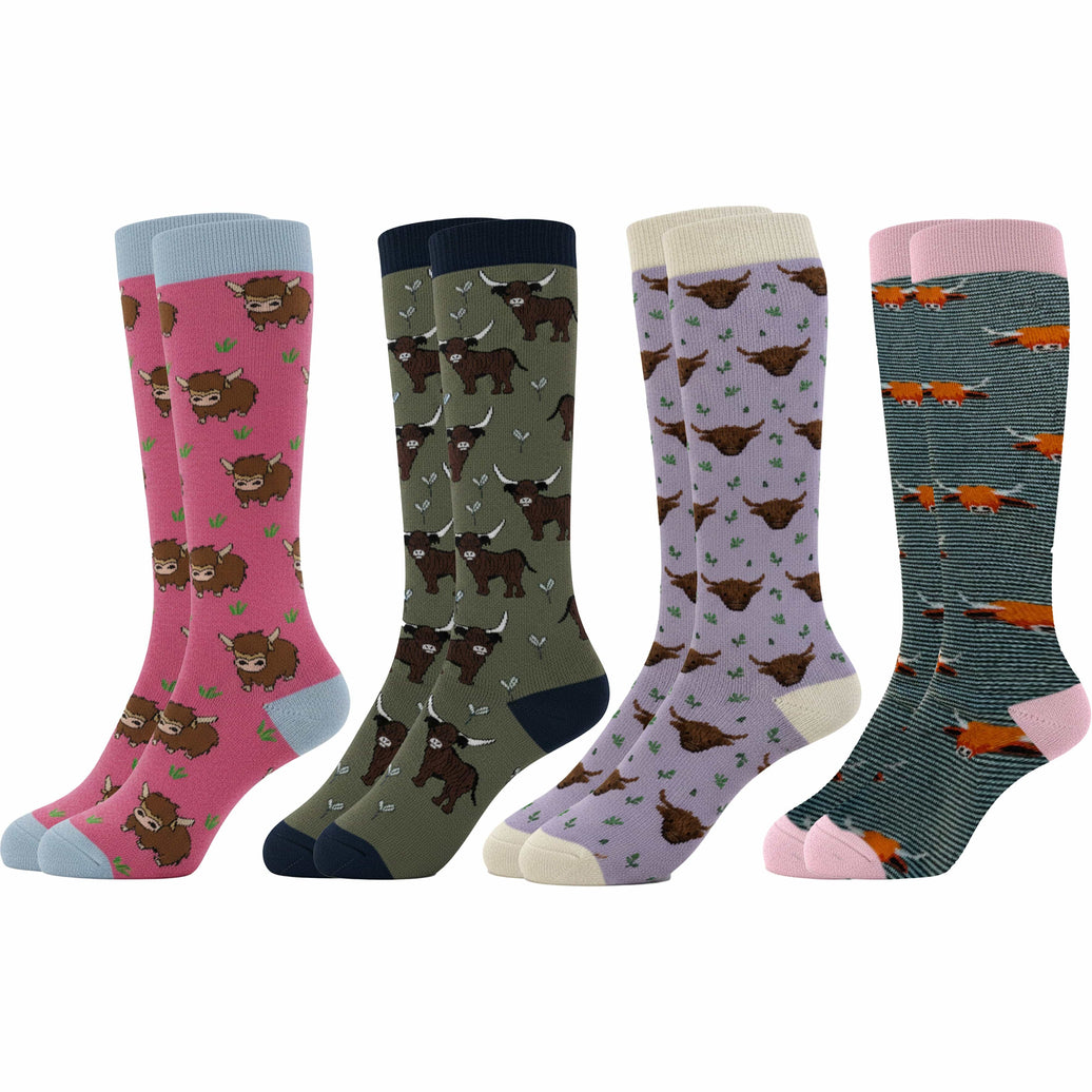 4 Pack Women’s Wellington Highland Cow Socks Long Welly Socks Outdoor Warm Durable & Soft Fit UK Size 4‑8 by Sock Stack HIGHLAND COW Socks