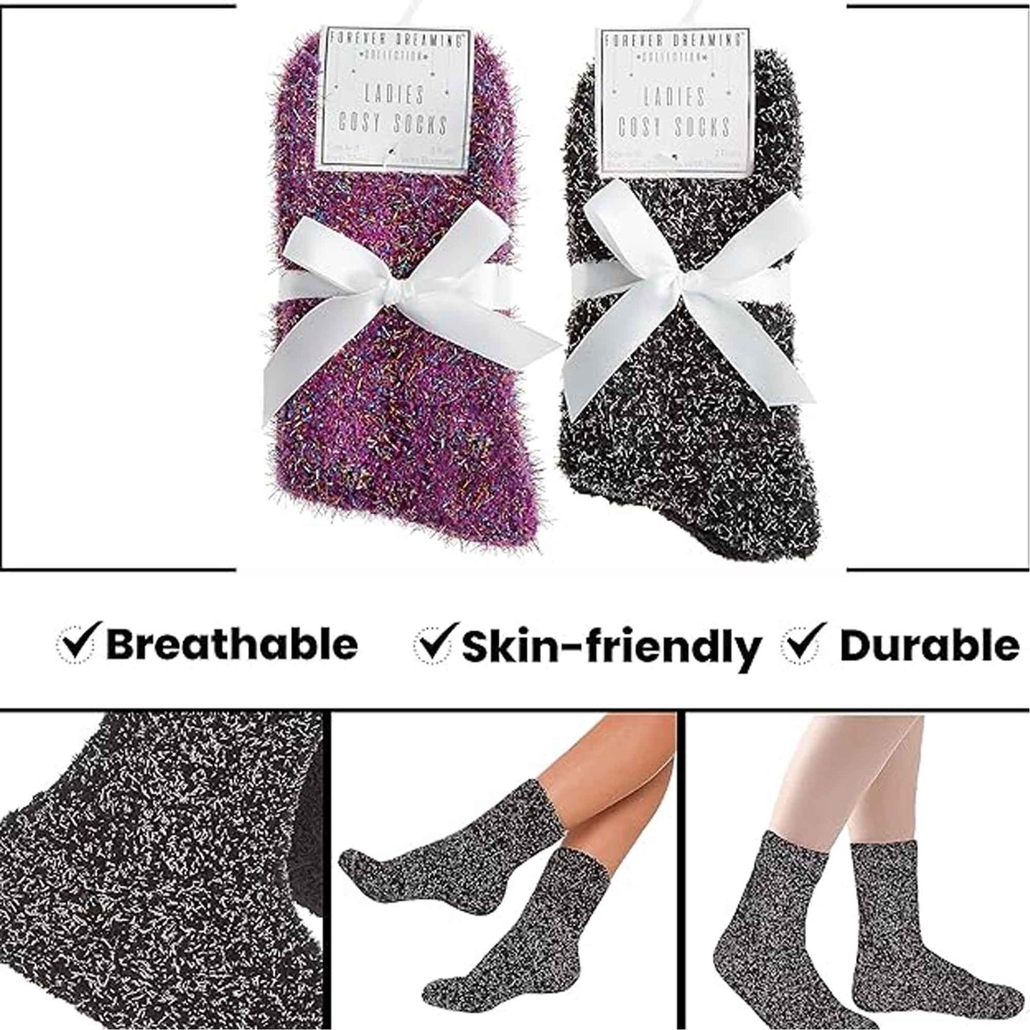 4 Pack Womens Fluffy Cozy Warm Slipper Socks Fuzzy Soft Comfortable Purple Black UK Sizes 4-8 Perfect Winter Gift by Sock Stack BLACK/PURPLE Socks