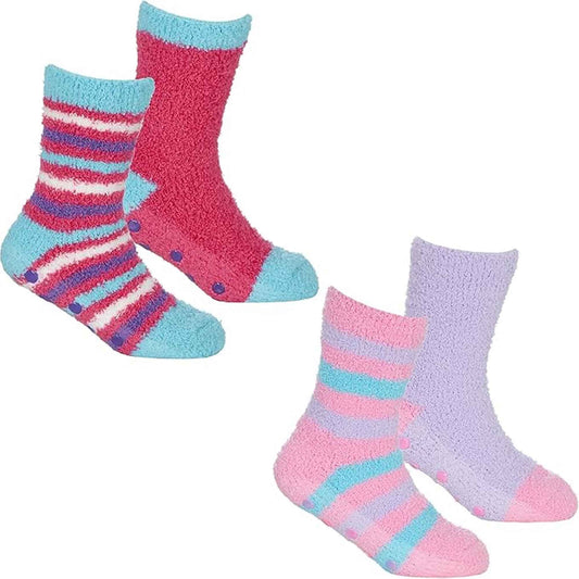 4 Pairs Fluffy Slipper Socks for Boys and Girls Ultra-Soft Thermal Winter Socks Non-Slip Plush Warm Lounge Socks Multiple Sizes by Sock Stack KIDS | 6-8 / GIRLS ASSORTED Socks