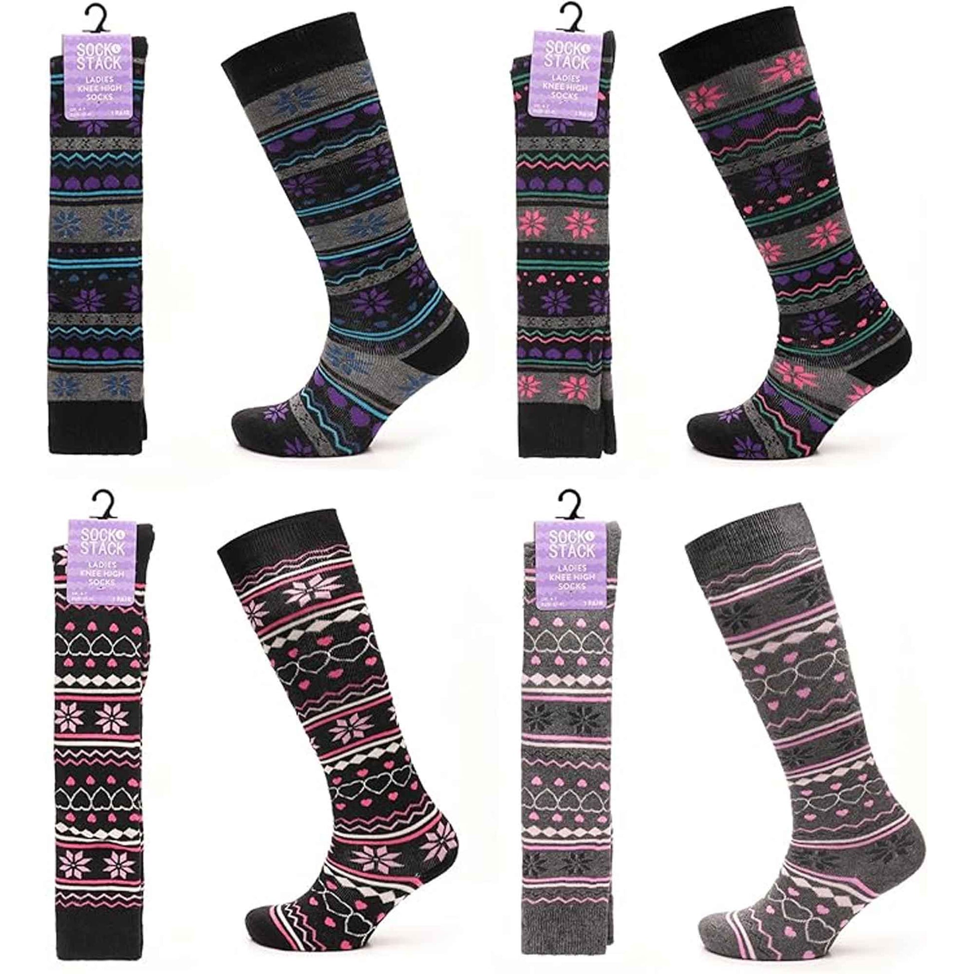 4 Pairs Ladies Ski Boot Socks Knee Length Cotton Rich with Full Cushioning and Thermal Insulation for Warmth and Comfort Fair Isle Pattern Fits Sizes 4-7 by Sock Stack 4-7 / FAIR ISLE Socks