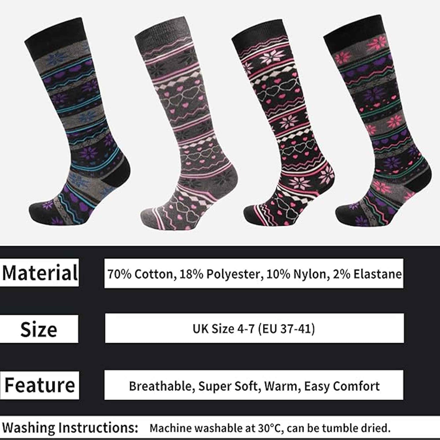 4 Pairs Ladies Ski Boot Socks Knee Length Cotton Rich with Full Cushioning and Thermal Insulation for Warmth and Comfort Fair Isle Pattern Fits Sizes 4-7 by Sock Stack 4-7 / FAIR ISLE Socks