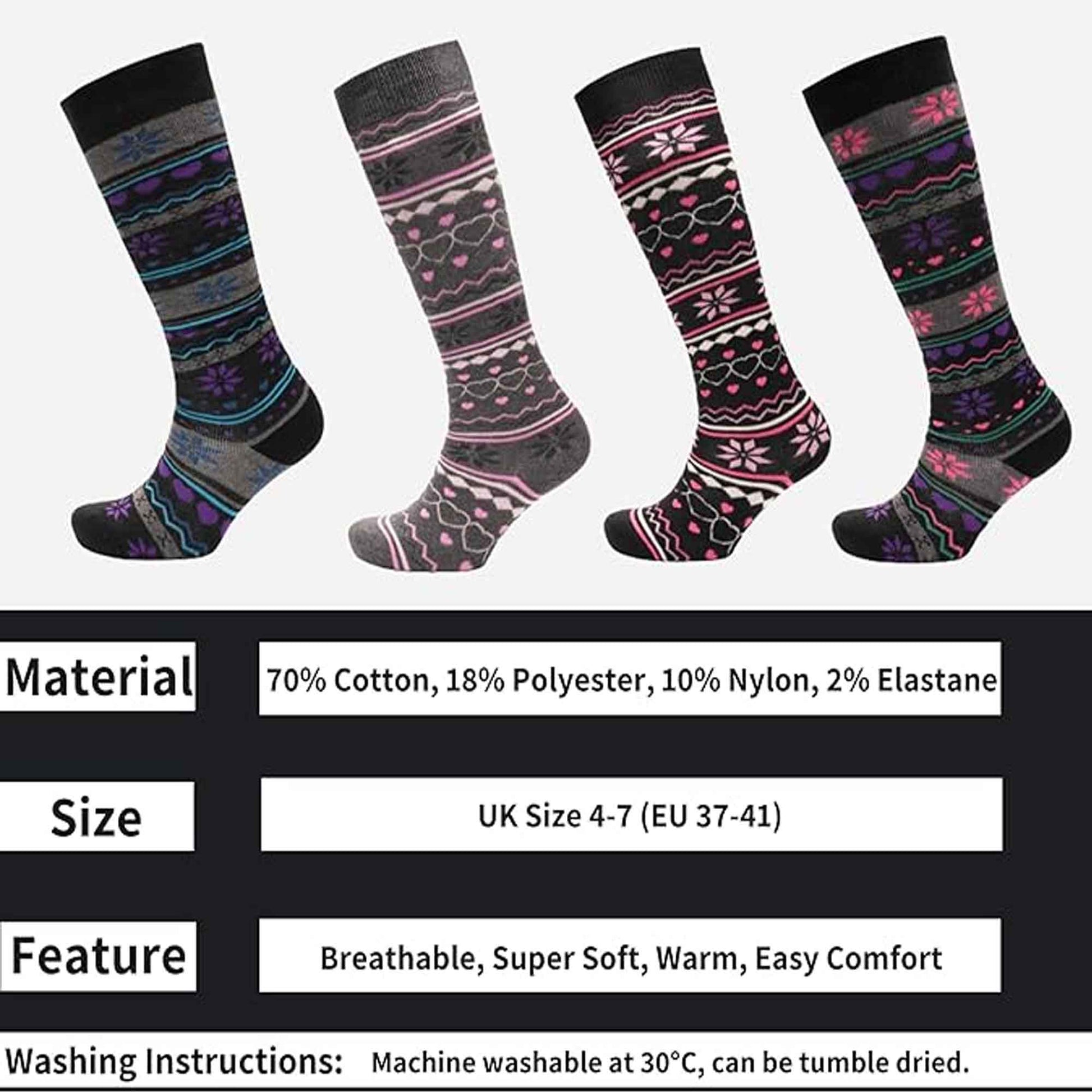 4 Pairs Ladies Ski Boot Socks Knee Length Cotton Rich with Full Cushioning and Thermal Insulation for Warmth and Comfort Fair Isle Pattern Fits Sizes 4-7 by Sock Stack 4-7 / FAIR ISLE Socks