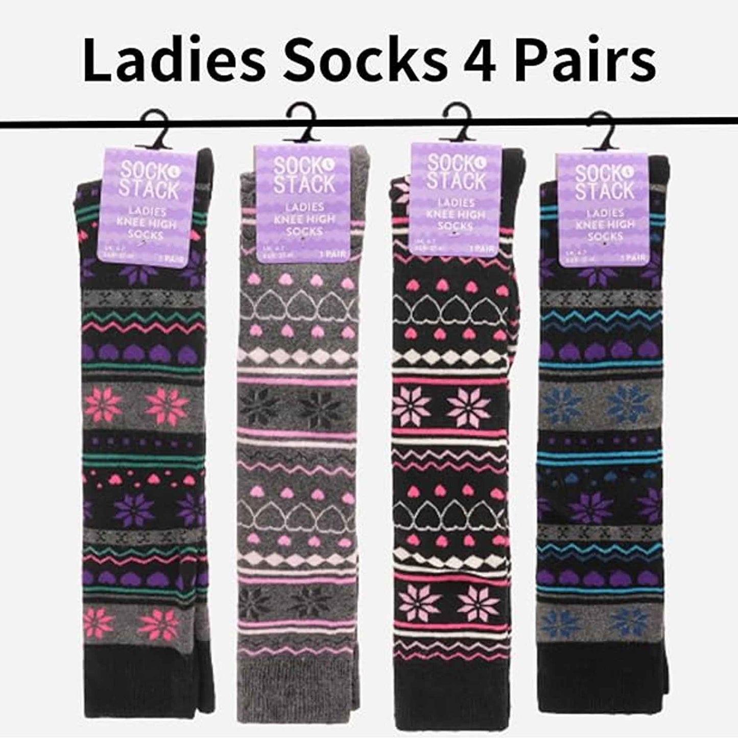 4 Pairs Ladies Ski Boot Socks Knee Length Cotton Rich with Full Cushioning and Thermal Insulation for Warmth and Comfort Fair Isle Pattern Fits Sizes 4-7 by Sock Stack 4-7 / FAIR ISLE Socks