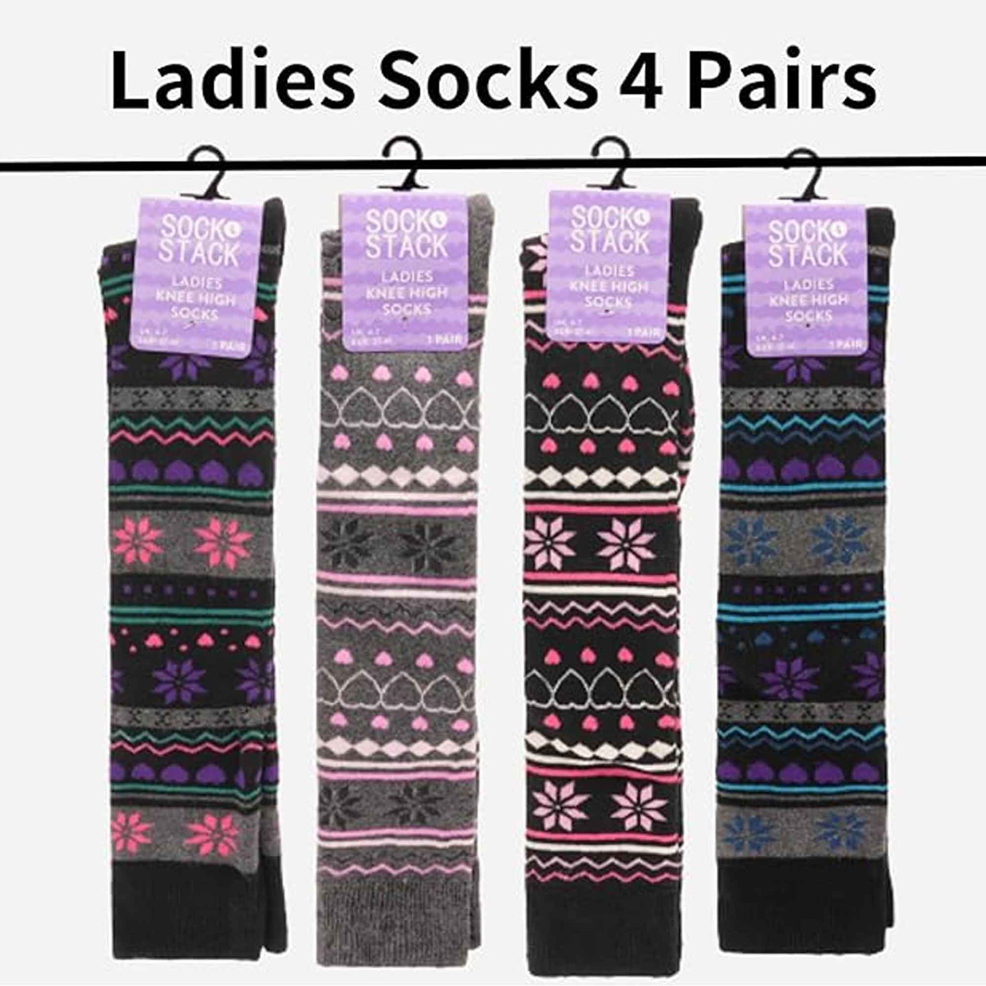 4 Pairs Ladies Ski Boot Socks Knee Length Cotton Rich with Full Cushioning and Thermal Insulation for Warmth and Comfort Fair Isle Pattern Fits Sizes 4-7 by Sock Stack 4-7 / FAIR ISLE Socks