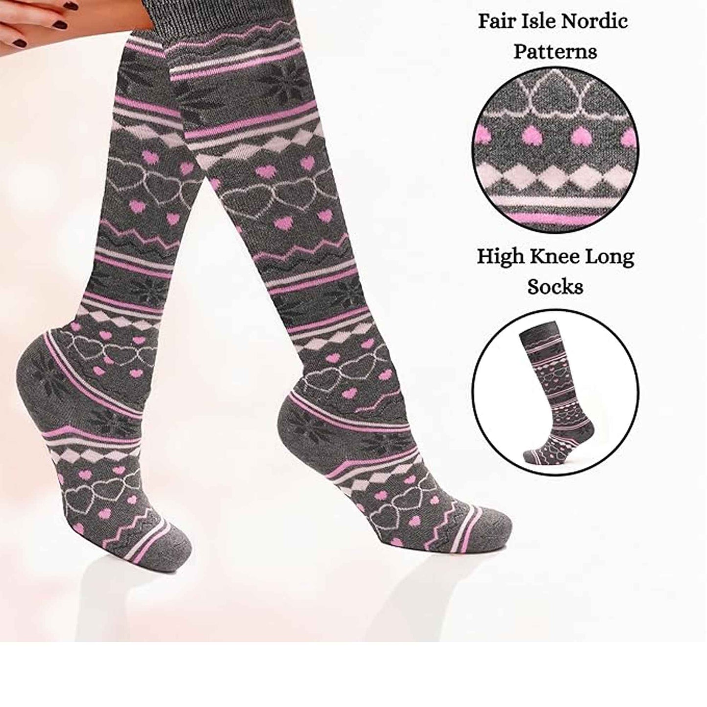 4 Pairs Ladies Ski Boot Socks Knee Length Cotton Rich with Full Cushioning and Thermal Insulation for Warmth and Comfort Fair Isle Pattern Fits Sizes 4-7 by Sock Stack 4-7 / FAIR ISLE Socks