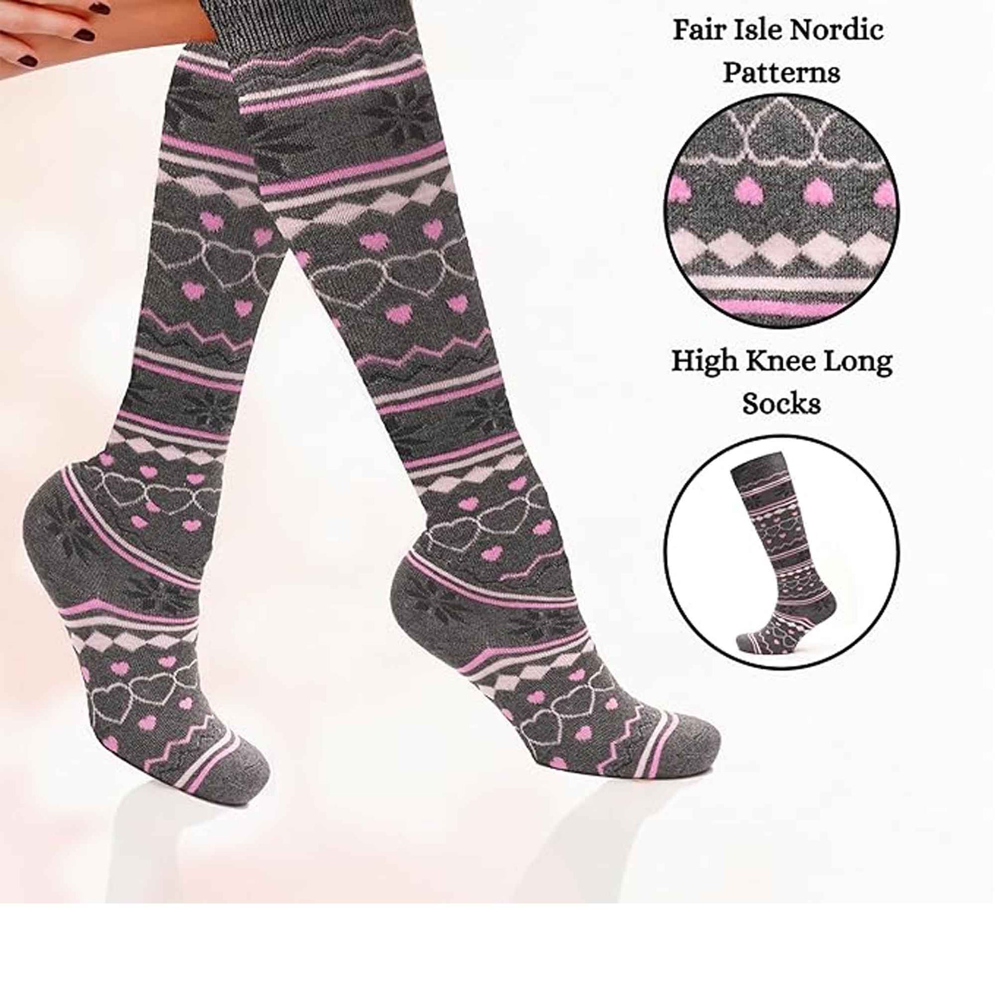 4 Pairs Ladies Ski Boot Socks Knee Length Cotton Rich with Full Cushioning and Thermal Insulation for Warmth and Comfort Fair Isle Pattern Fits Sizes 4-7 by Sock Stack 4-7 / FAIR ISLE Socks