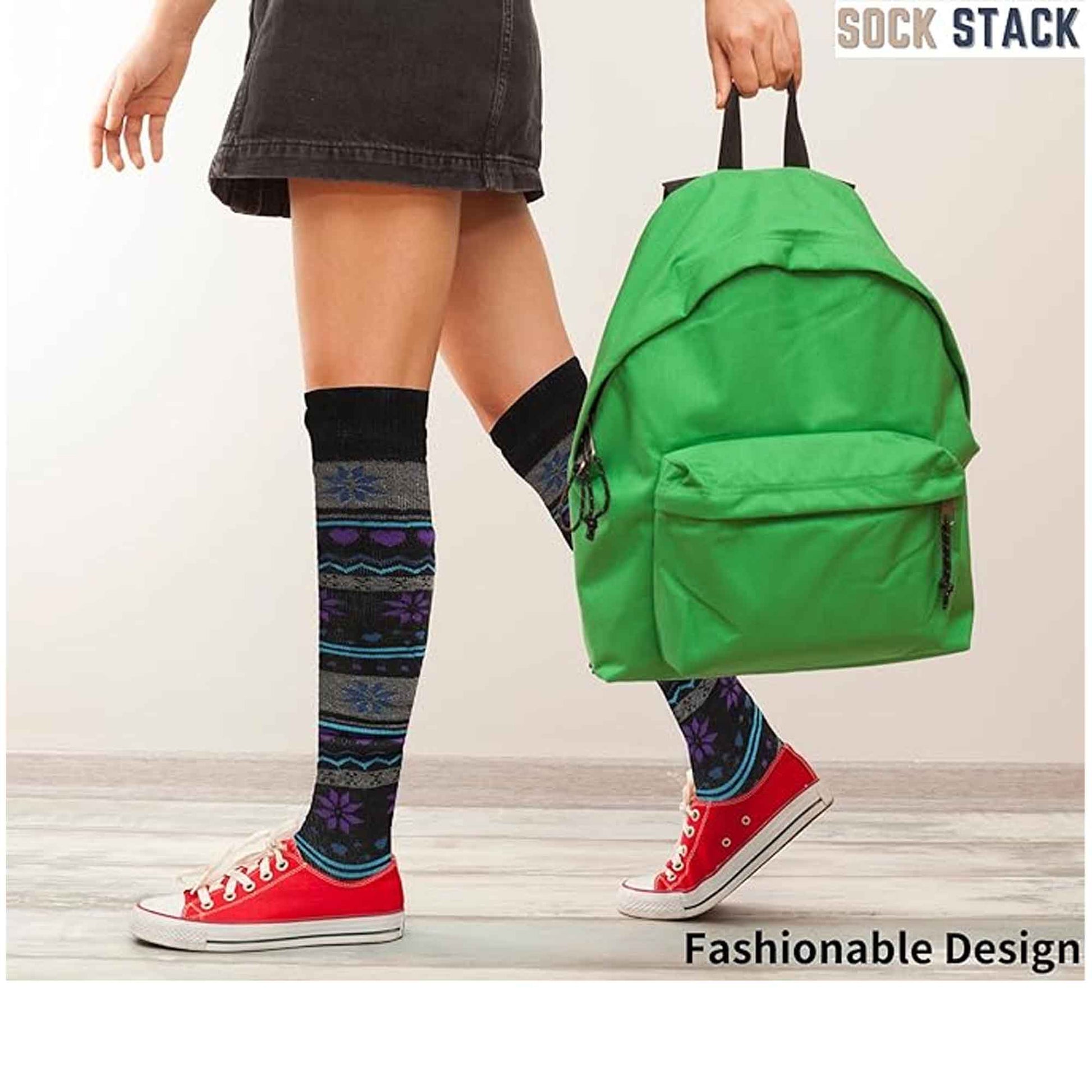 4 Pairs Ladies Ski Boot Socks Knee Length Cotton Rich with Full Cushioning and Thermal Insulation for Warmth and Comfort Fair Isle Pattern Fits Sizes 4-7 by Sock Stack 4-7 / FAIR ISLE Socks