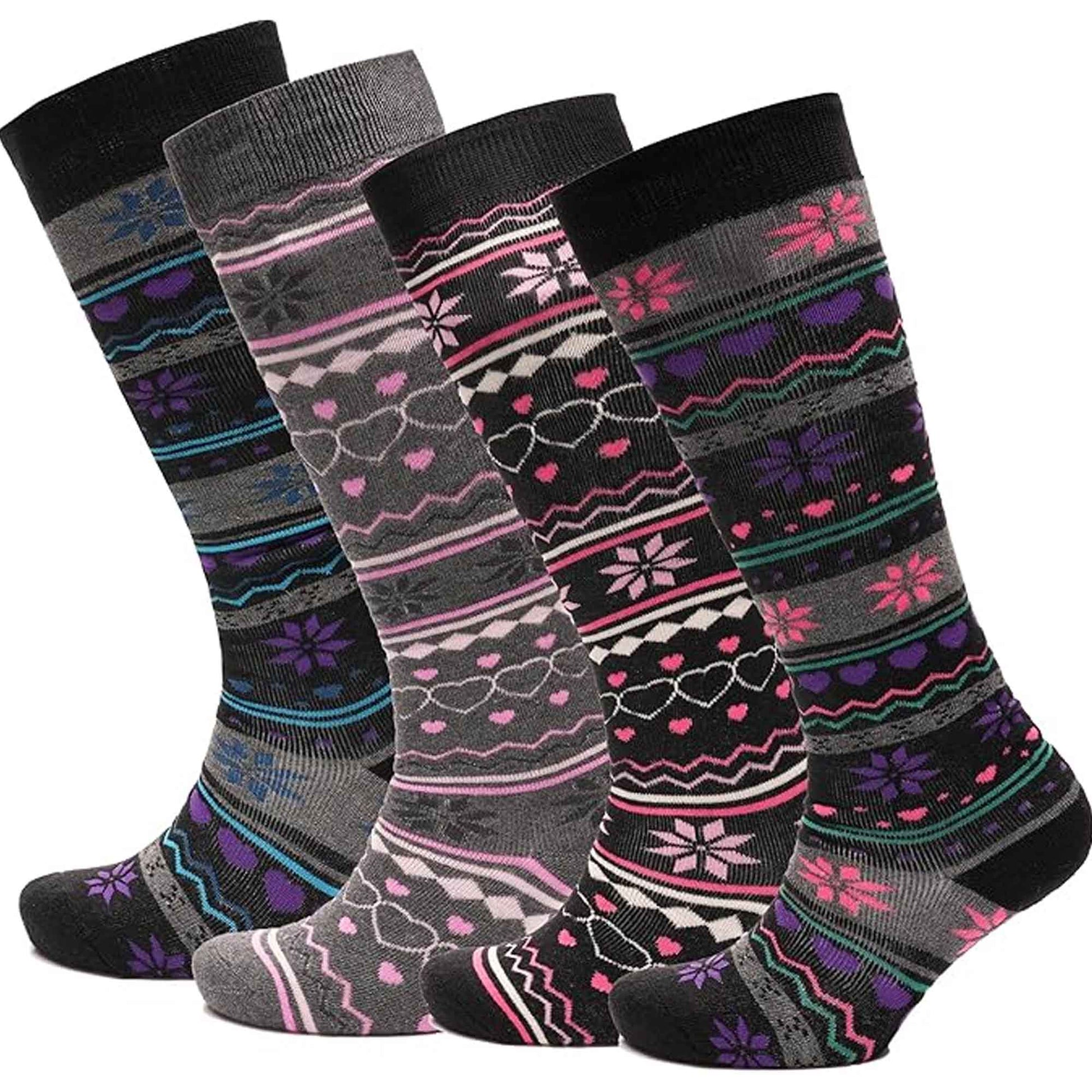 4 Pairs Ladies Ski Boot Socks Knee Length Cotton Rich with Full Cushioning and Thermal Insulation for Warmth and Comfort Fair Isle Pattern Fits Sizes 4-7 by Sock Stack 4-7 / FAIR ISLE Socks