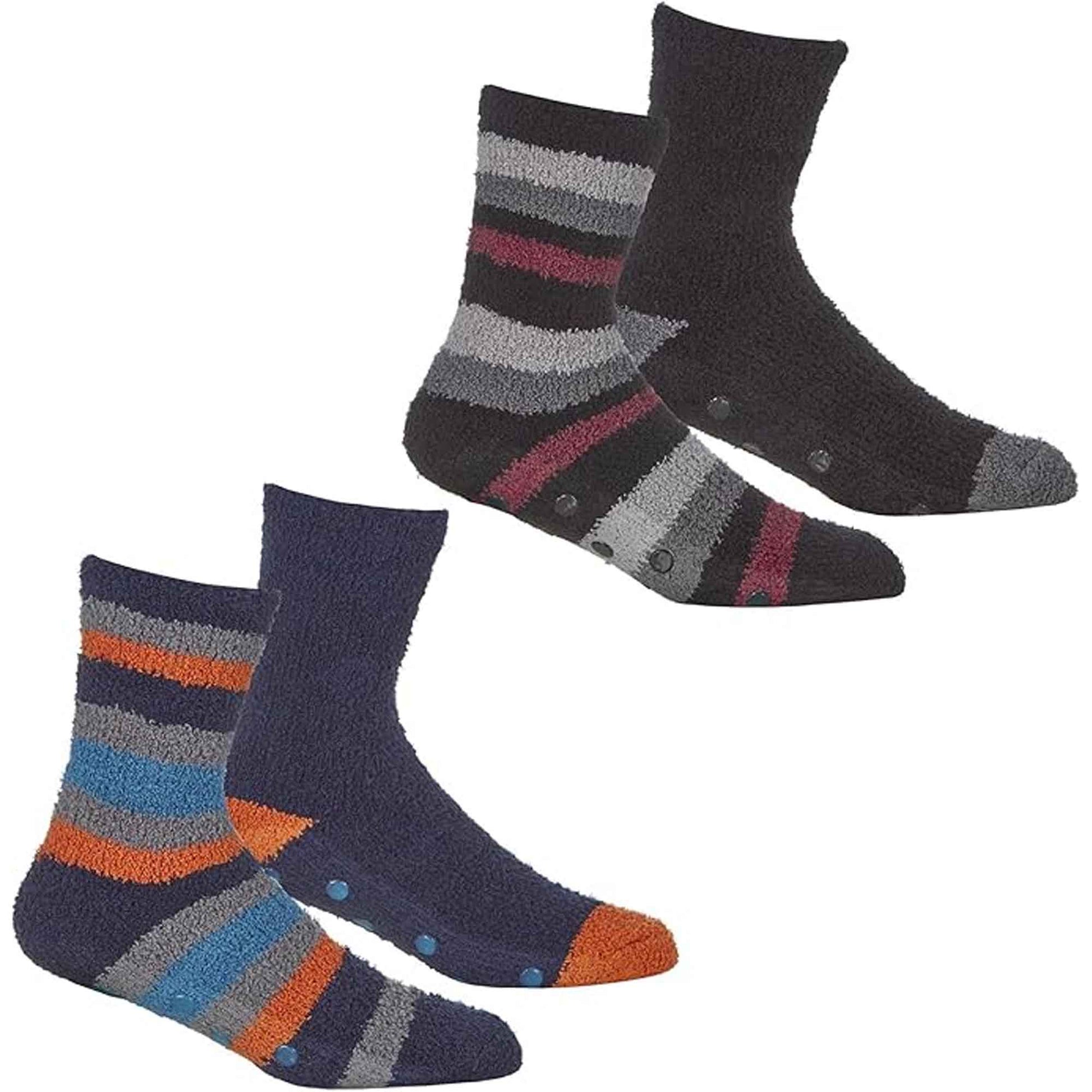 4 Pairs Mens Cozy Winter Striped Fluffy Slipper Socks Non-Skid Gripper Soles Warm Thick Fleece Tall Design UK Sizes 6-11 by Sock Stack ASSORTED / 6-11 Socks