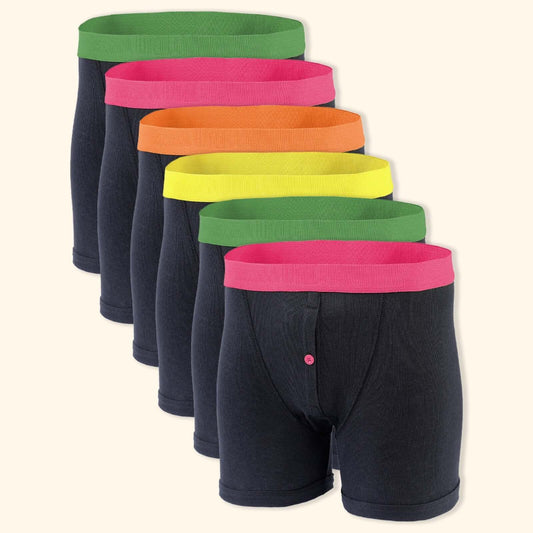 6 Pack Classic Menswear Black Cotton Blend Boxer Shorts Breathable Activewear Comfortable Stretch Colourful Waistband Durable Lightweight Button Fly Underwear MB08 by Sock Stack BLACK / S Boxer Shorts