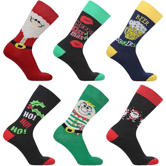 6 Pack Men's Christmas Socks Cotton Rich Holiday Designs Festive Santa Snowman Holly Turkey Comfortable Warm Gift UK 6-11 EUR 39-45 by Sock Stack ASSORTED / 6-11 Socks