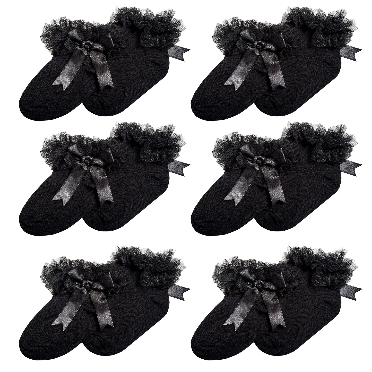6 Pairs Black Girls Tutu Frilly Ankle Socks with Lace & Bow Super Soft Wedding Christening Sock by Sock Stack 1-2 YRS / BLACK Socks