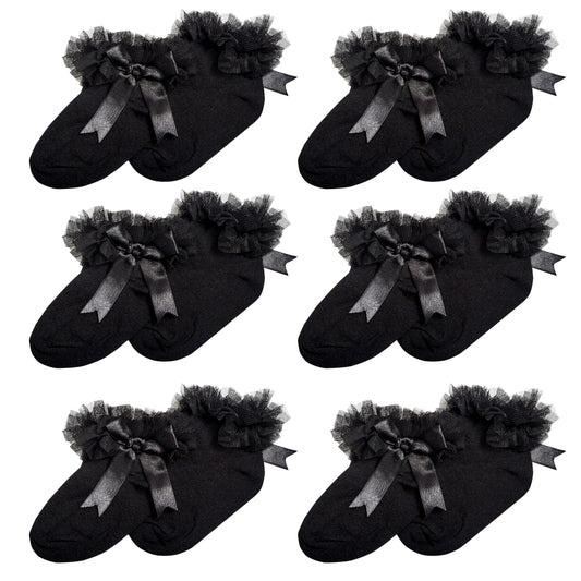 6 Pairs Black Girls Tutu Frilly Ankle Socks with Lace & Bow Super Soft Wedding Christening Sock by Sock Stack 1-2 YRS / BLACK Socks