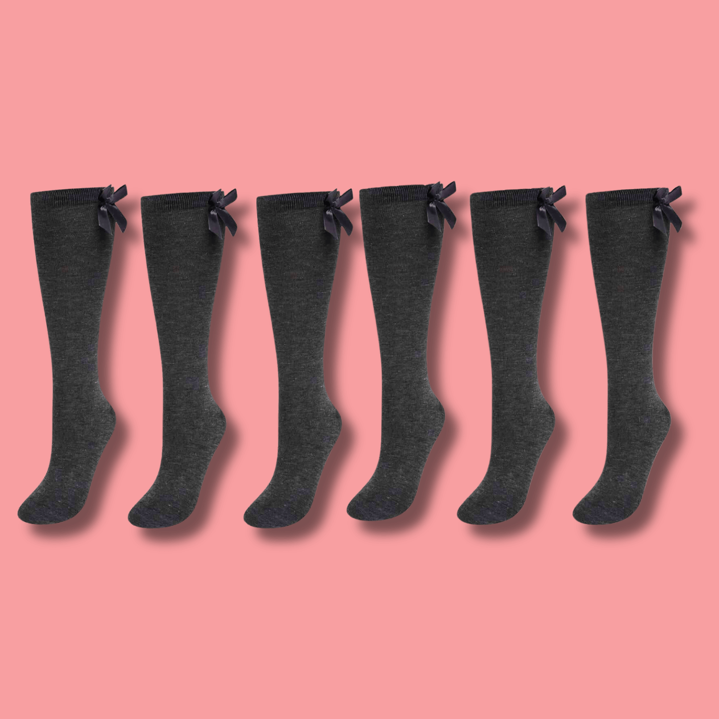6 Pairs Girls Knee High Socks With Ribbon Bows Back To School Cotton Rich Long Socks Stylish Comfortable Durable For Uniforms Everyday Wear Ages 2-16 Years by Sock Stack GREY / 9-12 Socks