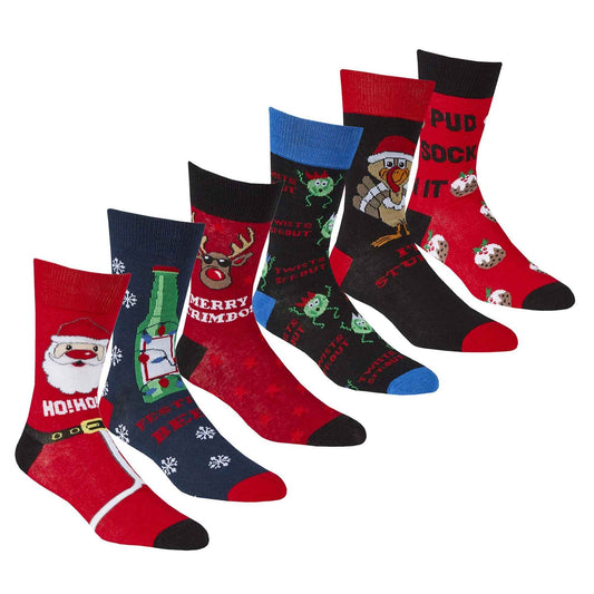 6 Pairs Men's Christmas Socks Collection Novelty Festive Designs Cotton Rich Santa Rudolph Beer Xmas Pudding Comfortable Holiday Socks by Sock Stack UK 6-11 EUR 39-45 ASSORTED / 6-11 Socks