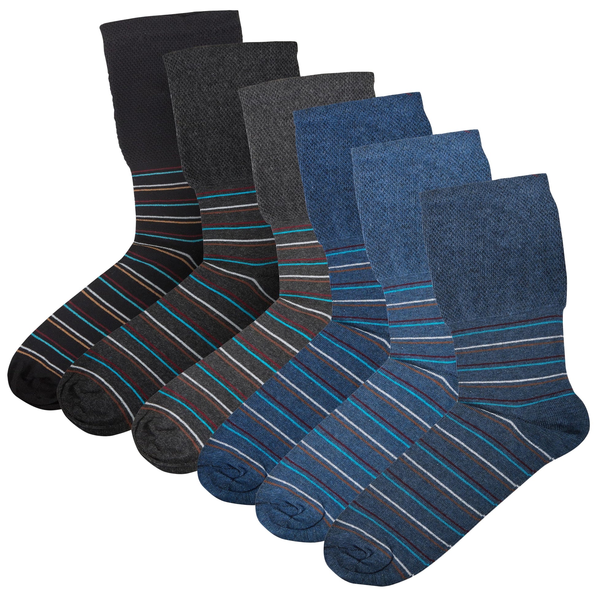 6 Pairs Men's Extra Wide Diabetic Socks Non Elastic Loose Top Moisture-Wicking Antibacterial Breathable Cotton for Leg Swelling Sock Stack Stripes / 6-11 Socks