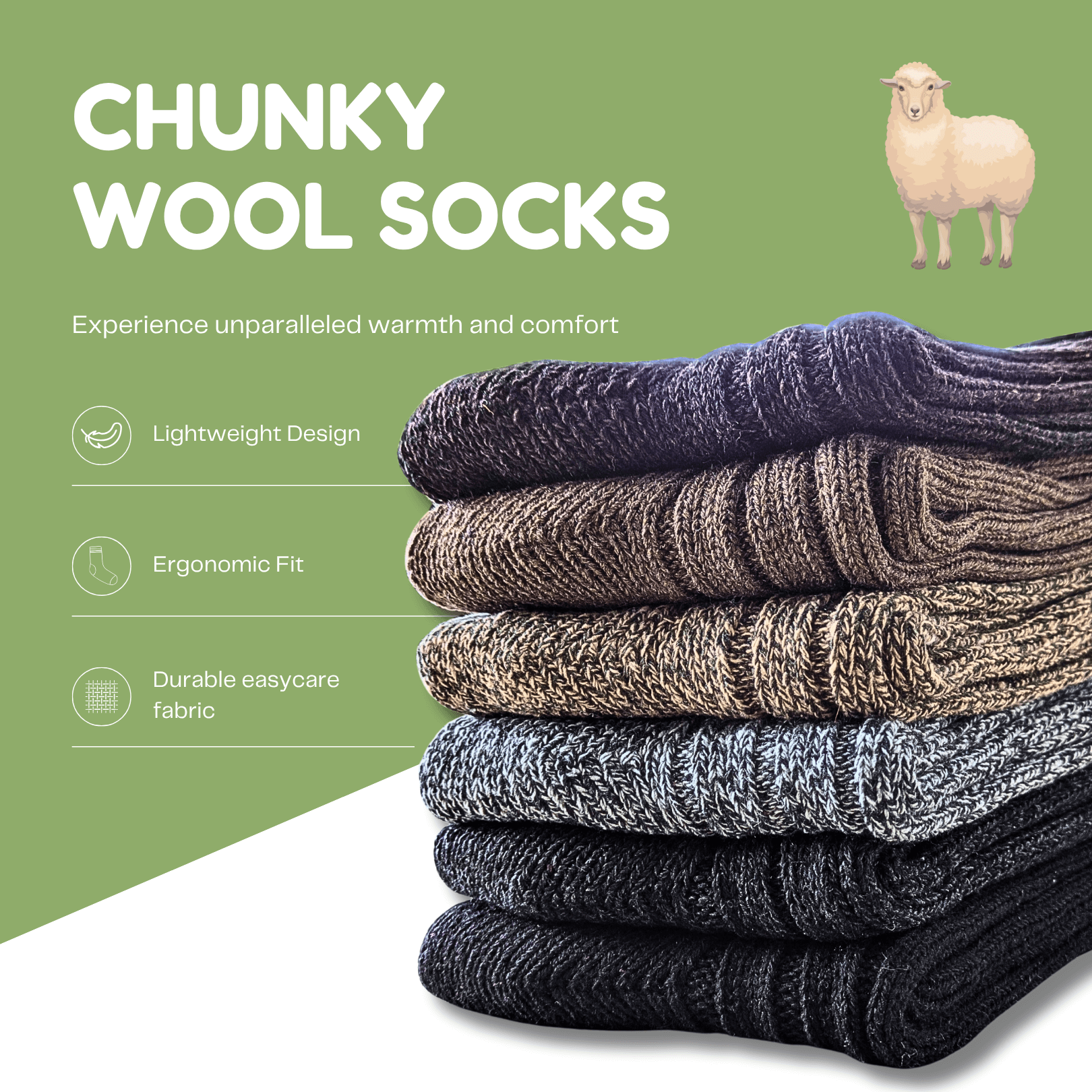 6 Pairs Men's Ultra Chunky Long Wool Thermal Socks for Outdoor Activities Warm Thick Insulated Winter Work Boots Sock UK Sizes 6-11 EU 39-45 Assorted Colours by Sock Stack Socks