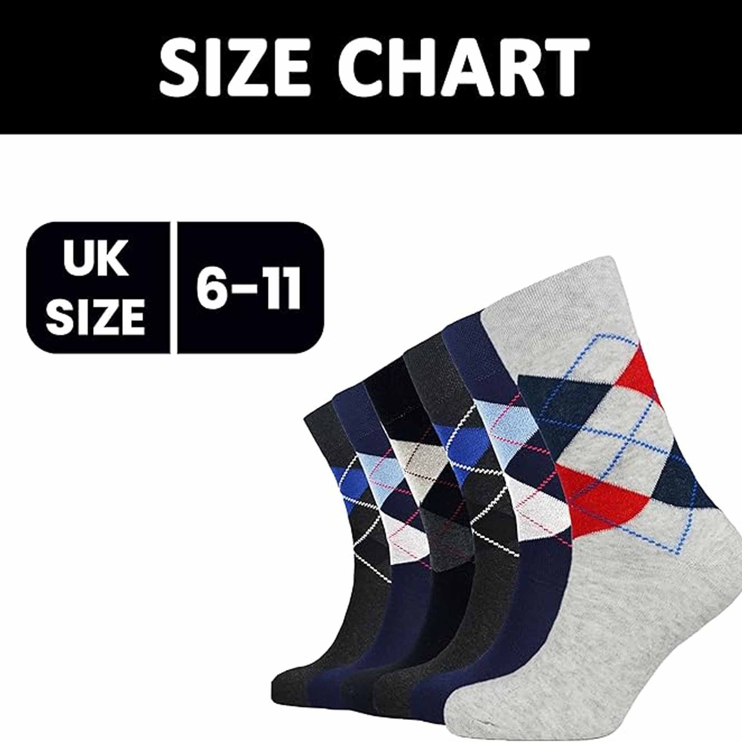 6 Pairs Mens Diabetic Socks Non Elastic Loose Grip Antibacterial Moisture-Wicking Cotton Blend Size 6-11 Ideal for Sensitive Legs Sock Stack UK 6-11 / ARGYLE Socks