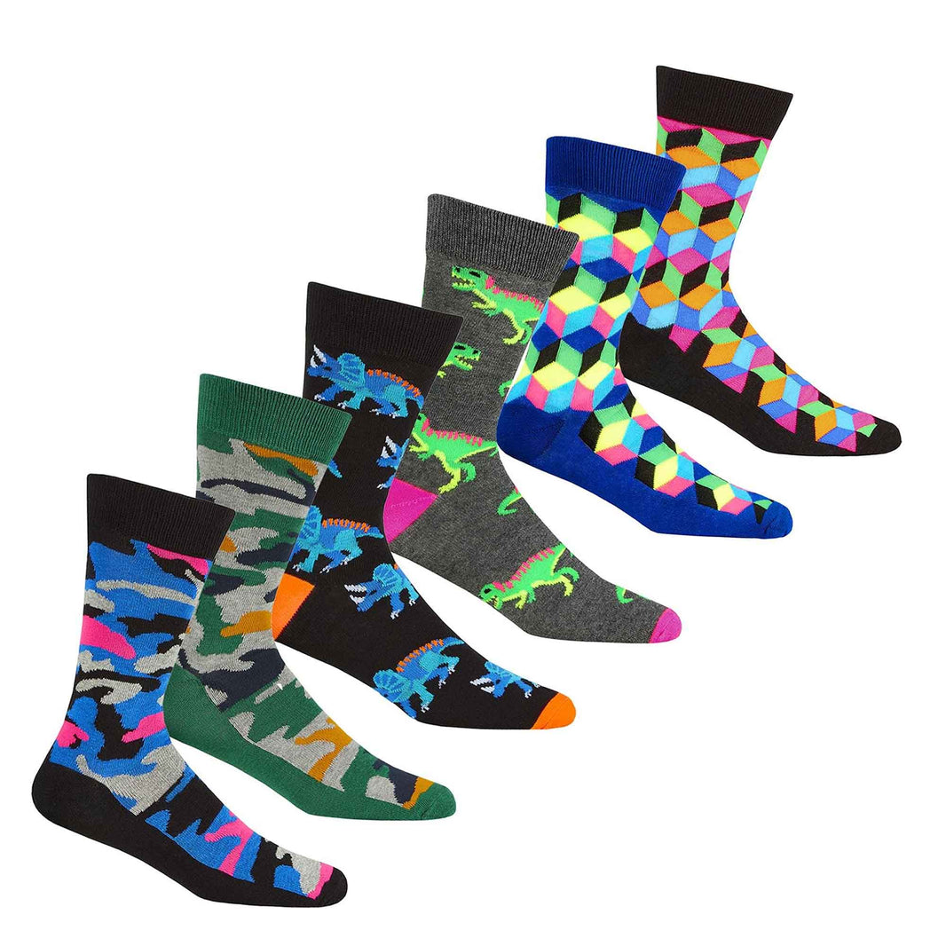 6 Pairs Mens Fun Novelty Cotton Rich Socks Comfortable Breathable with Sculpted Heels and Toes Assorted Styles Perfect Fit UK 6-11 EUR 39-45 by Sock Stack CAMO/DINO/GEO / 6-11 Socks