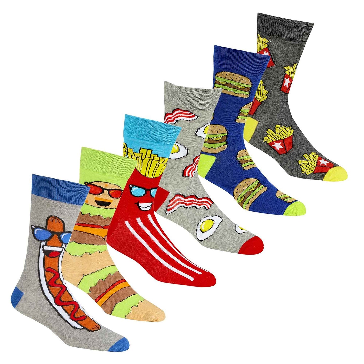 6 Pairs Mens Fun Novelty Cotton Rich Socks Comfortable Breathable with Sculpted Heels and Toes Assorted Styles Perfect Fit UK 6-11 EUR 39-45 by Sock Stack FUN FOOD / 6-11 Socks