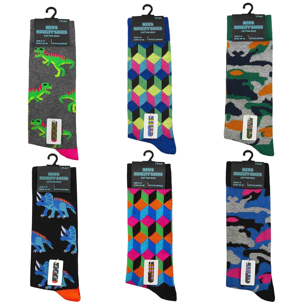 6 Pairs Mens Fun Novelty Cotton Rich Socks Comfortable Breathable with Sculpted Heels and Toes Assorted Styles Perfect Fit UK 6-11 EUR 39-45 by Sock Stack Socks