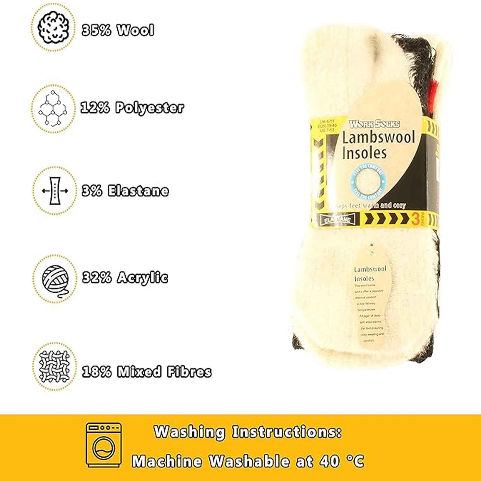 6 Pairs Mens Lambs Wool Sole Work Boot Socks Reinforced Heel Toe Durable Warm Construction Hiking Outdoor Sizes 6-11 UK by Sock Stack ASSORTED / 6-11 Socks