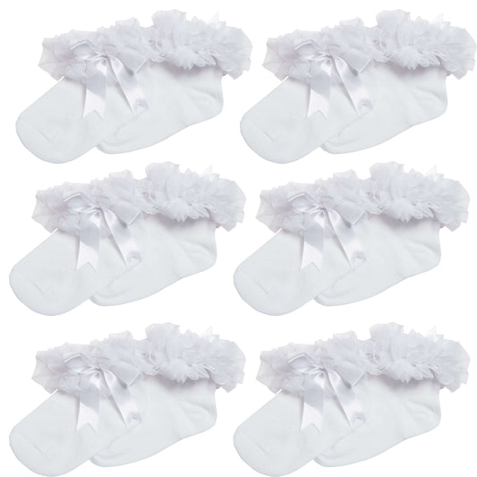 6 Pairs White Girls Tutu Frilly Ankle Socks with Lace & Bow Super Soft Wedding Christening Sock by Sock Stack 1-2 YRS / WHITE Socks