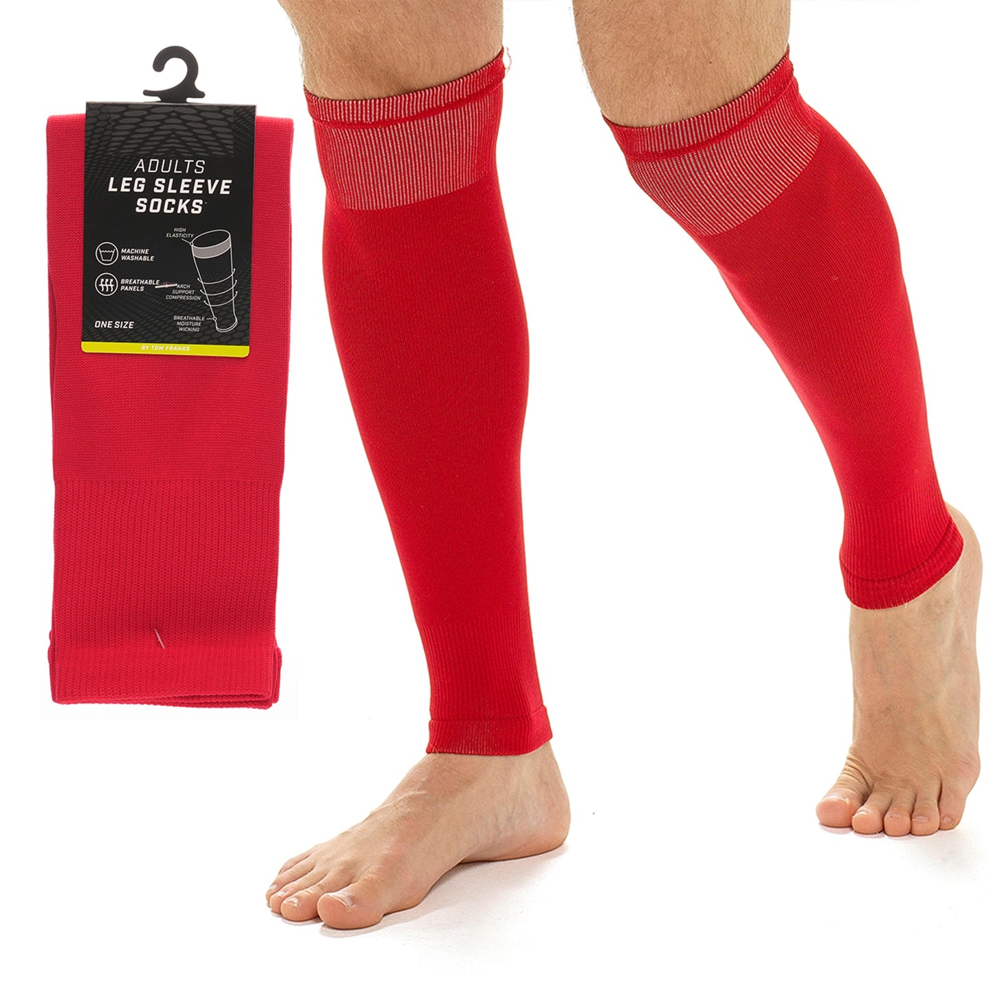 Adults Red Football Leg Sleeve Socks Compression Support Fits Over Shin Pads Breathable & Secure for Training Running by Sock Stack RED Socks