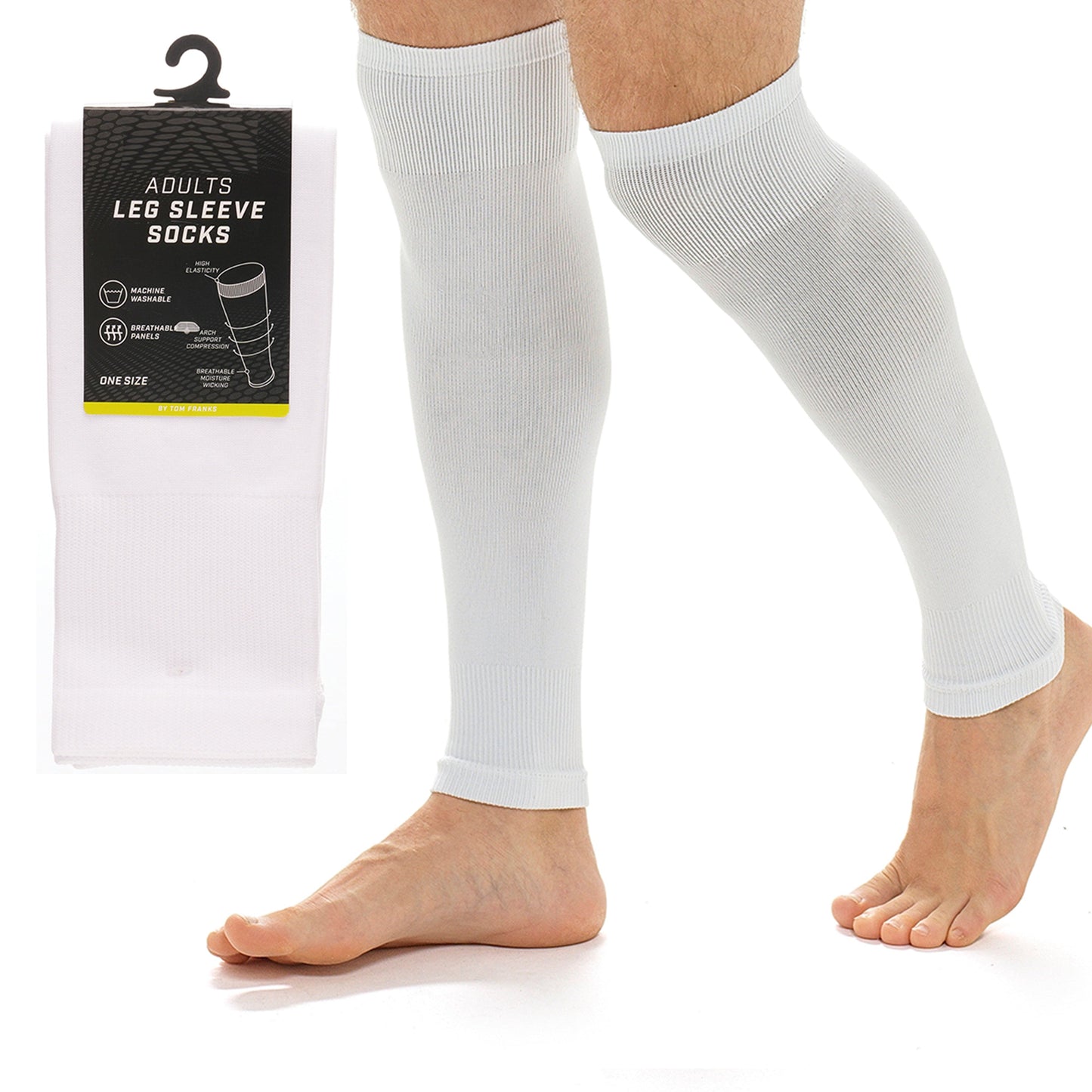 Adults White Football Leg Sleeve Socks Compression Support Fits Over Shin Pads Breathable & Secure for Training Running by Sock Stack WHITE Socks