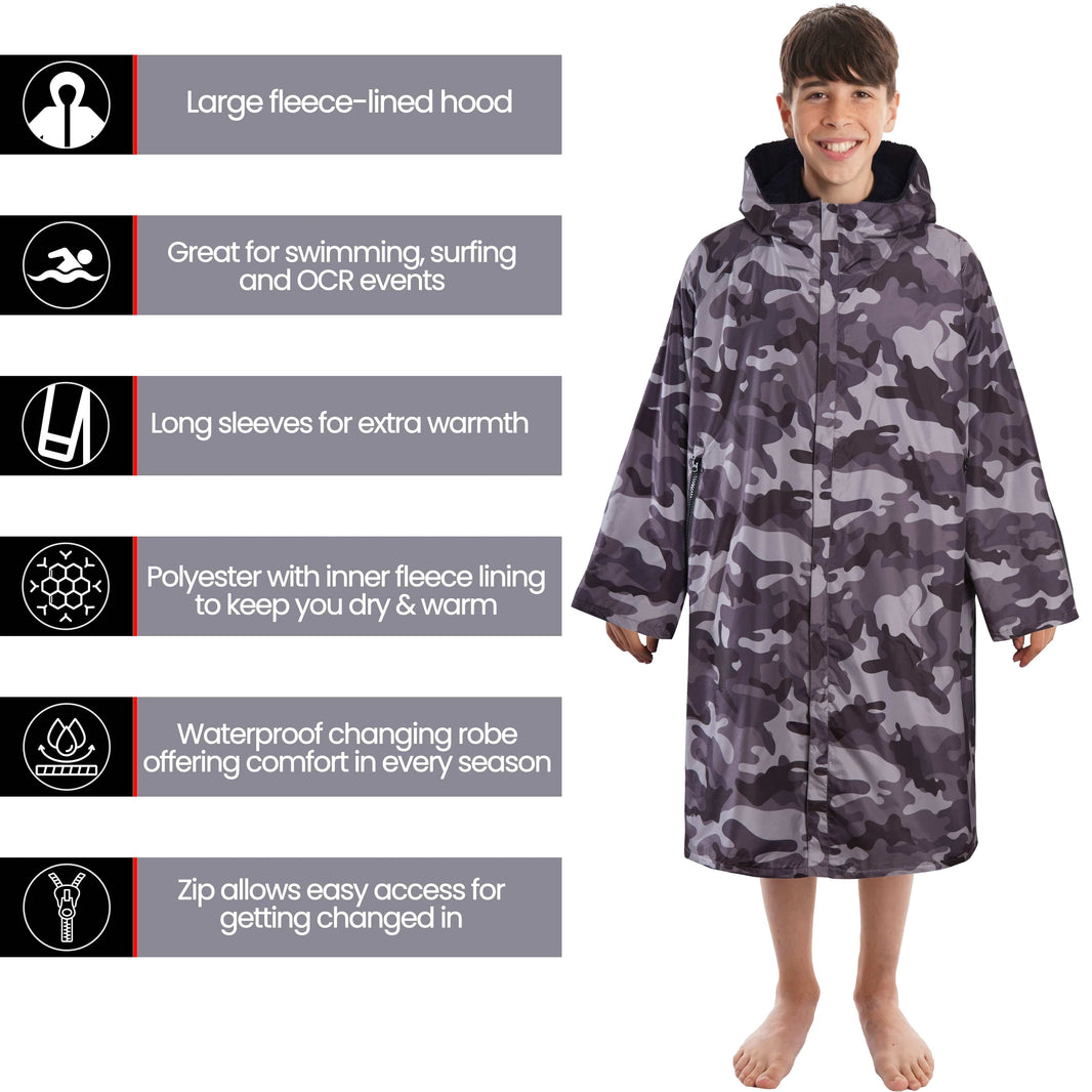 Changing Robe Kids Unisex Hooded Coat Camo/Black Windproof Waterproof Quick Dry for Beach Surfing Swimming by Heatwave Thermalwear 9-13 YEARS / CAMO/BLACK Changing Robe